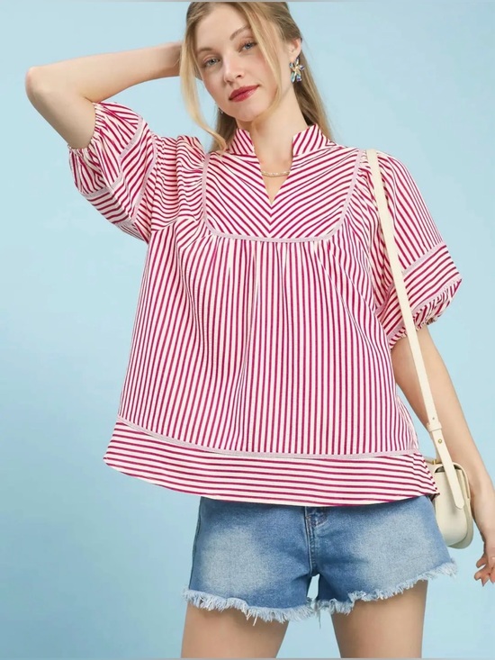 Umgee Tops - Umgee Striped Puff Sleeve Babydoll Top